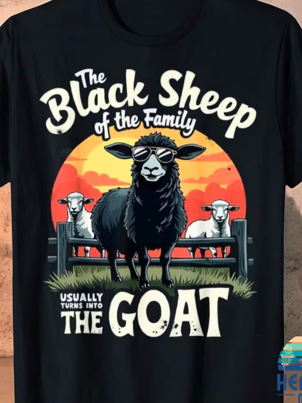 Men's Black Medium T-Shirt] Black Sheep Family Goat Pattern Casual Round-neck